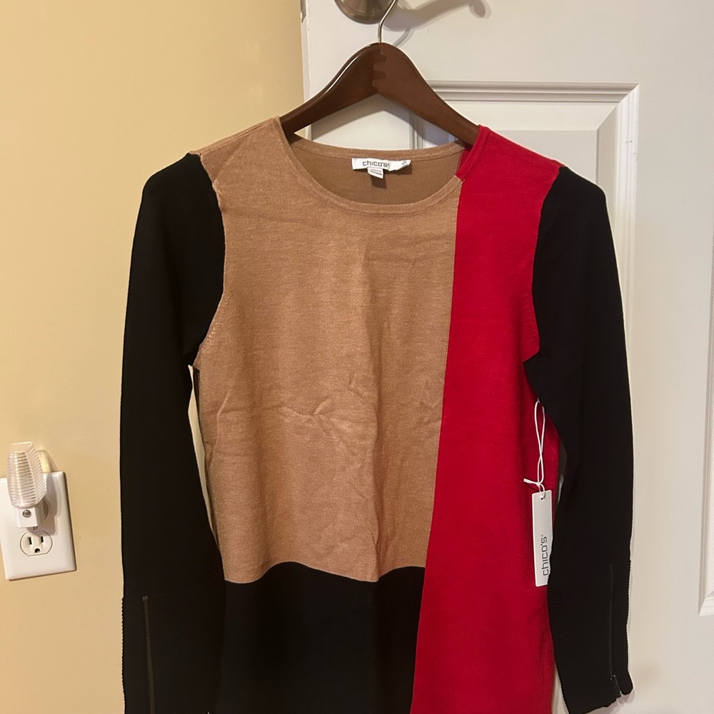 Chico's Vibrant Red and Tan Sweater